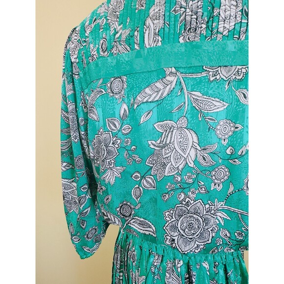 1980s Vintage Diane Freis Green Floral Puffed Sleeve Dress / Pleated  Dress / XL - Picture 7 of 8